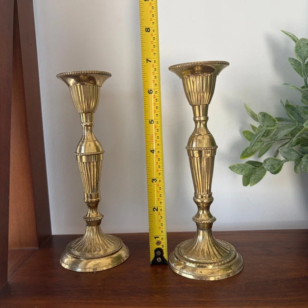 Hosley Solid Lacquered Brass Fluted Candlestick Holders Pair BS 5890 India 7.75